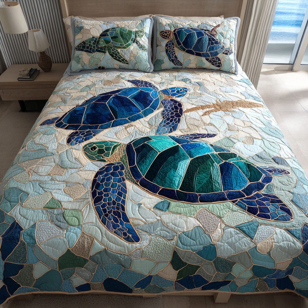 Turtle Path quilted 3-piece bedding set on a made bed in a light coastal bedroom