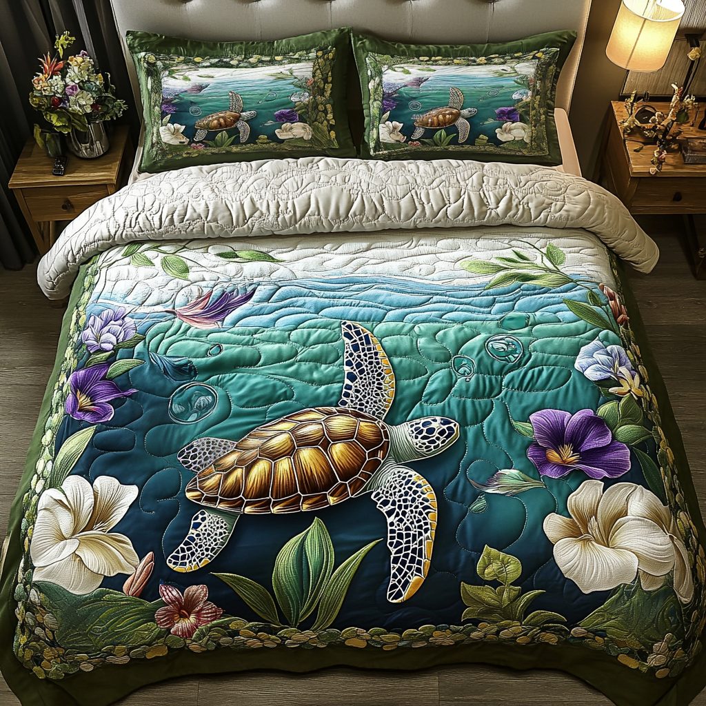 Turtle Quest quilted 3-piece bedding set on a made bed in a light coastal bedroom