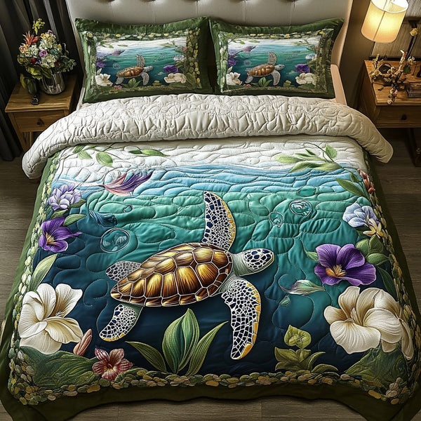 Turtle Quest quilted 3-piece bedding set on a made bed in a light coastal bedroom