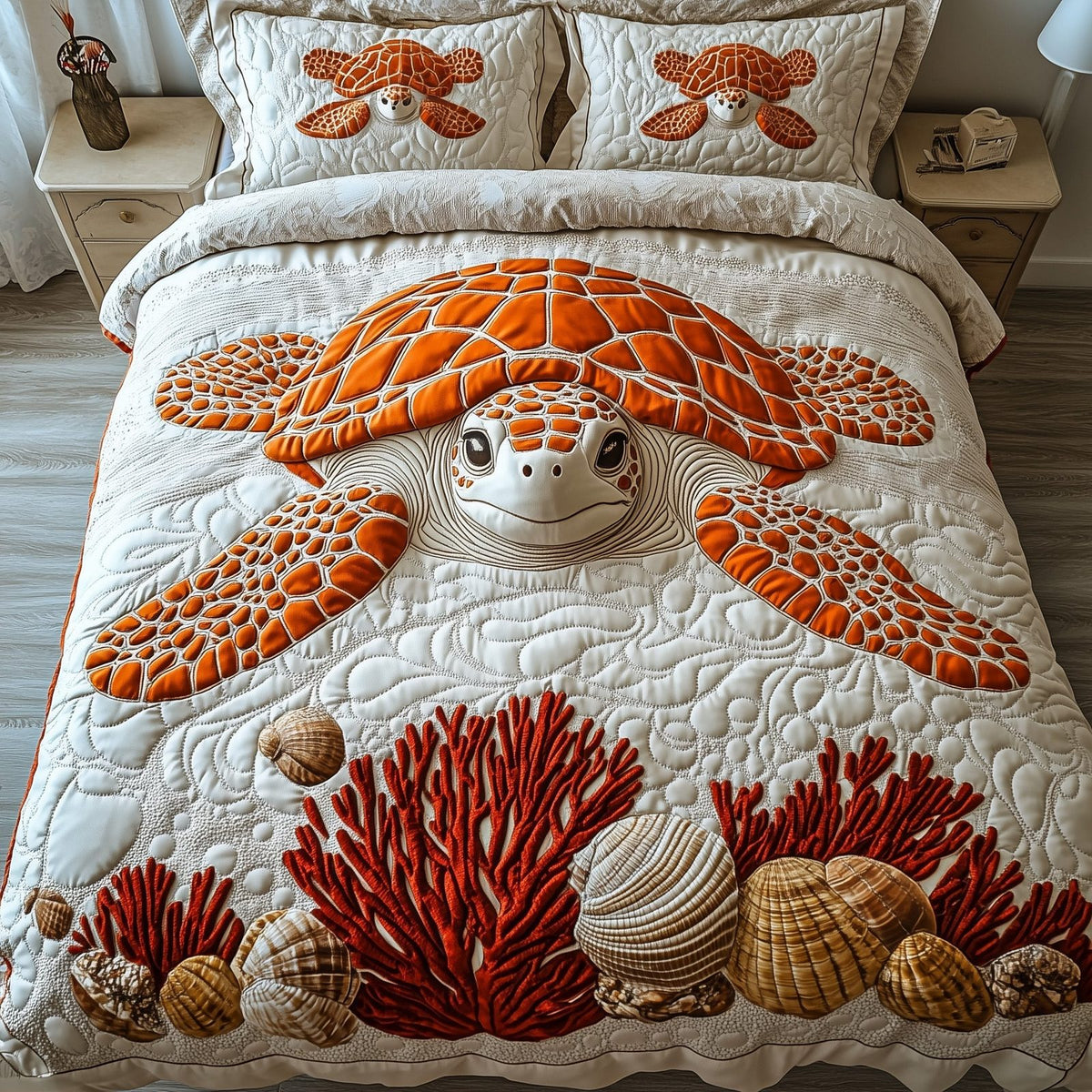 Turtle quilted 3-piece bedding set on a made bed in a light coastal bedroom