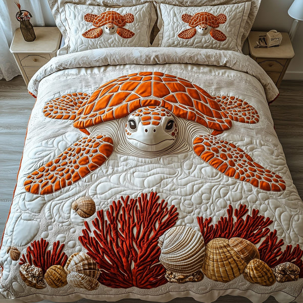Turtle quilted 3-piece bedding set on a made bed in a light coastal bedroom