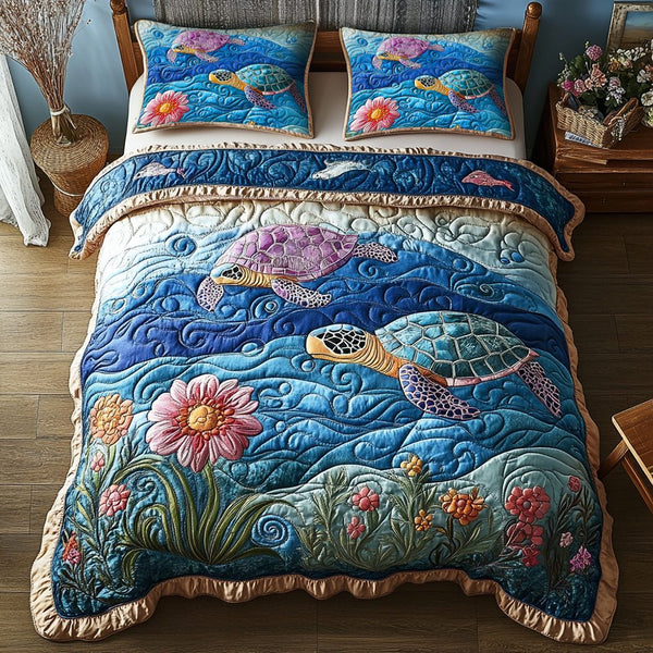 Turtle quilted 3-piece bedding set on a made bed in a light coastal bedroom