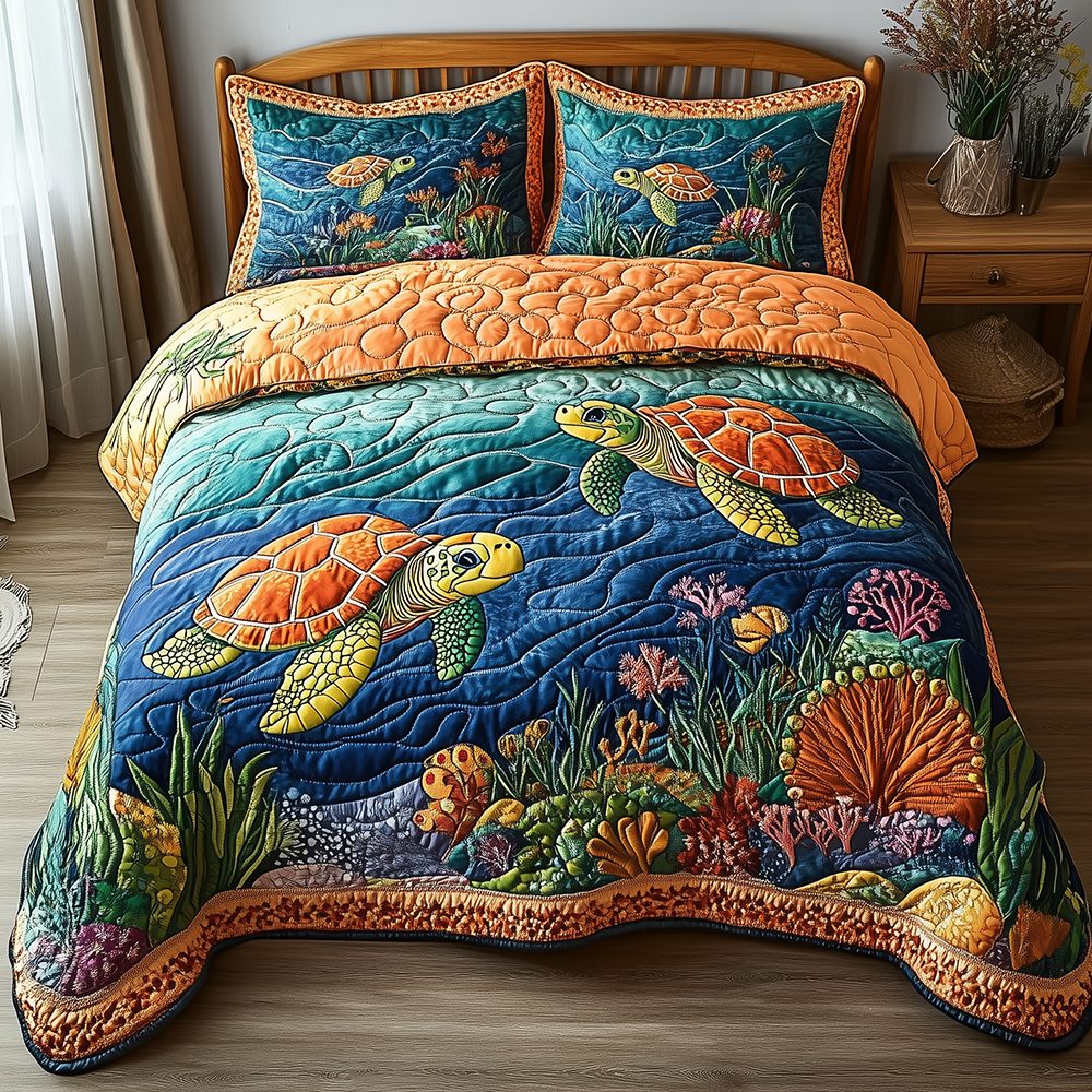 Turtle quilted 3-piece bedding set on a made bed in a light coastal bedroom