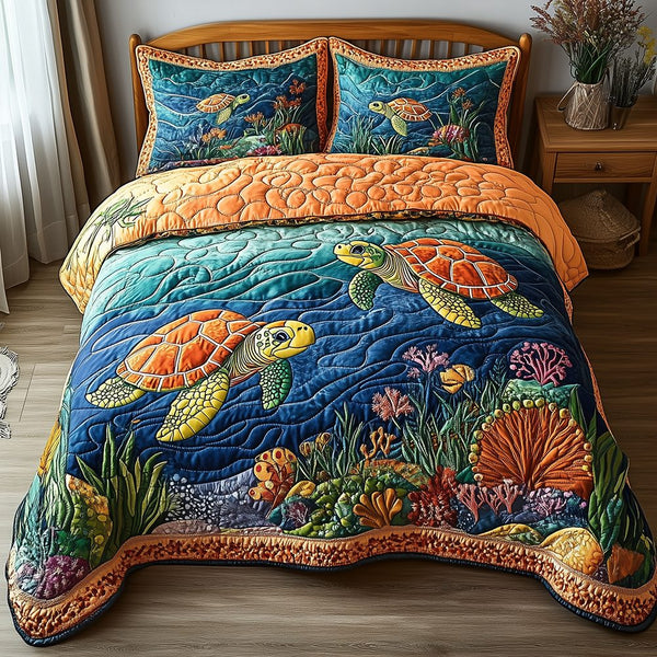 Turtle quilted 3-piece bedding set on a made bed in a light coastal bedroom