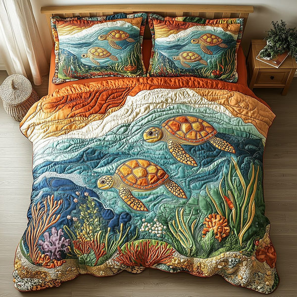 Turtle quilted 3-piece bedding set on a made bed in a light coastal bedroom
