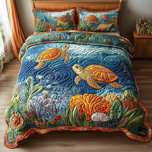 Turtle quilted 3-piece bedding set on a made bed in a light coastal bedroom