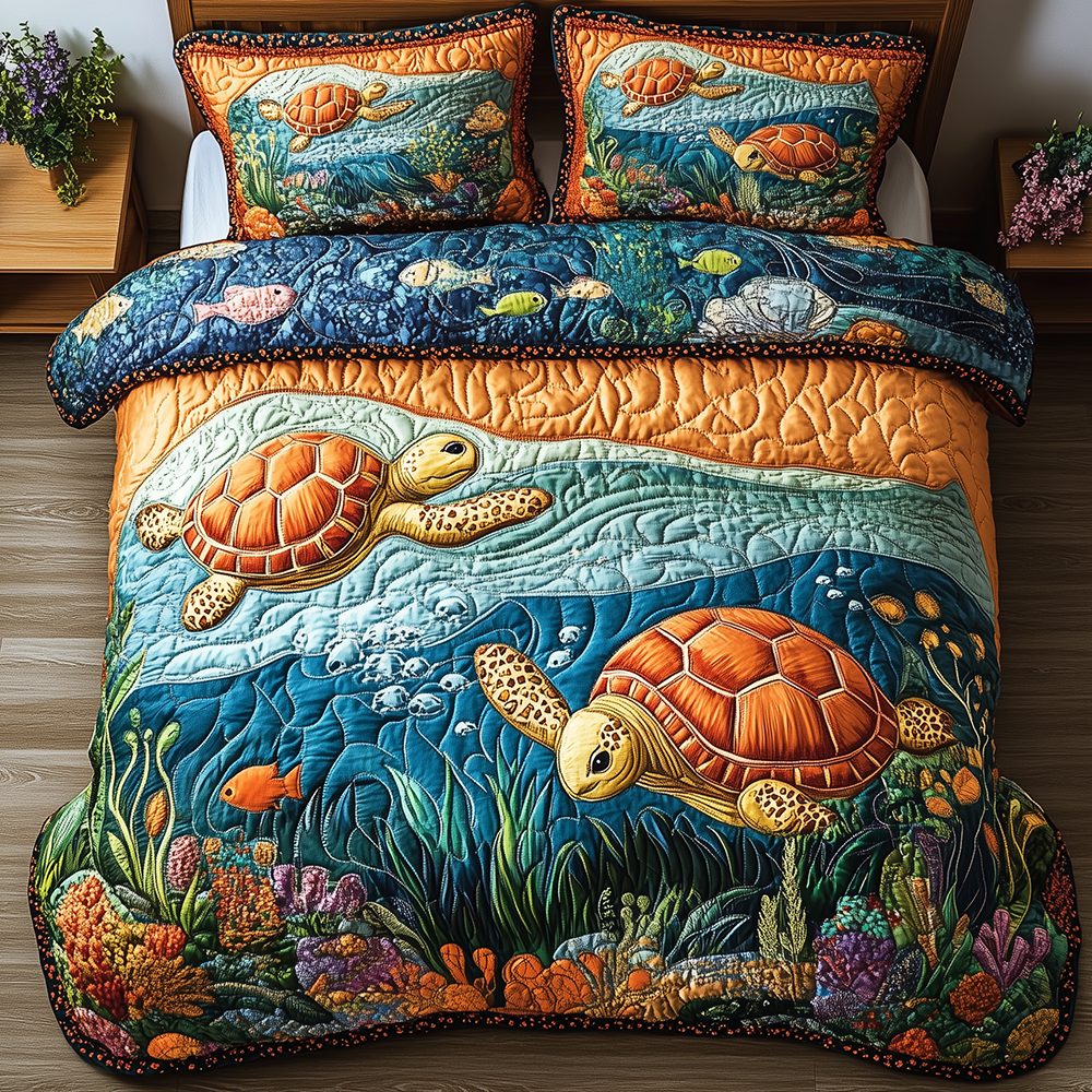 Turtle quilted 3-piece bedding set on a made bed in a light coastal bedroom