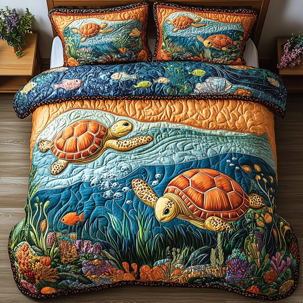 Turtle quilted 3-piece bedding set on a made bed in a light coastal bedroom