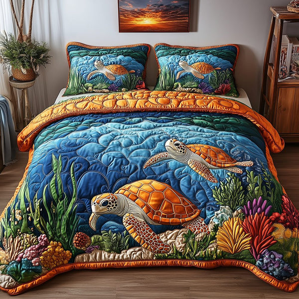 Turtle quilted 3-piece bedding set on a made bed in a light coastal bedroom