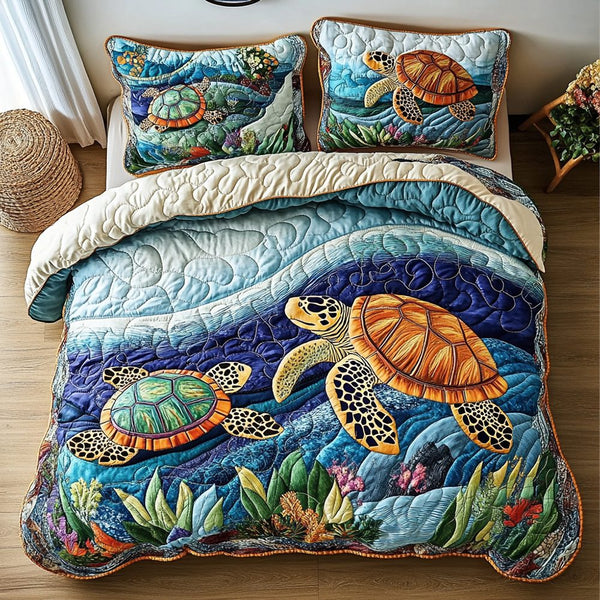 Turtle quilted 3-piece bedding set on a made bed in a light coastal bedroom