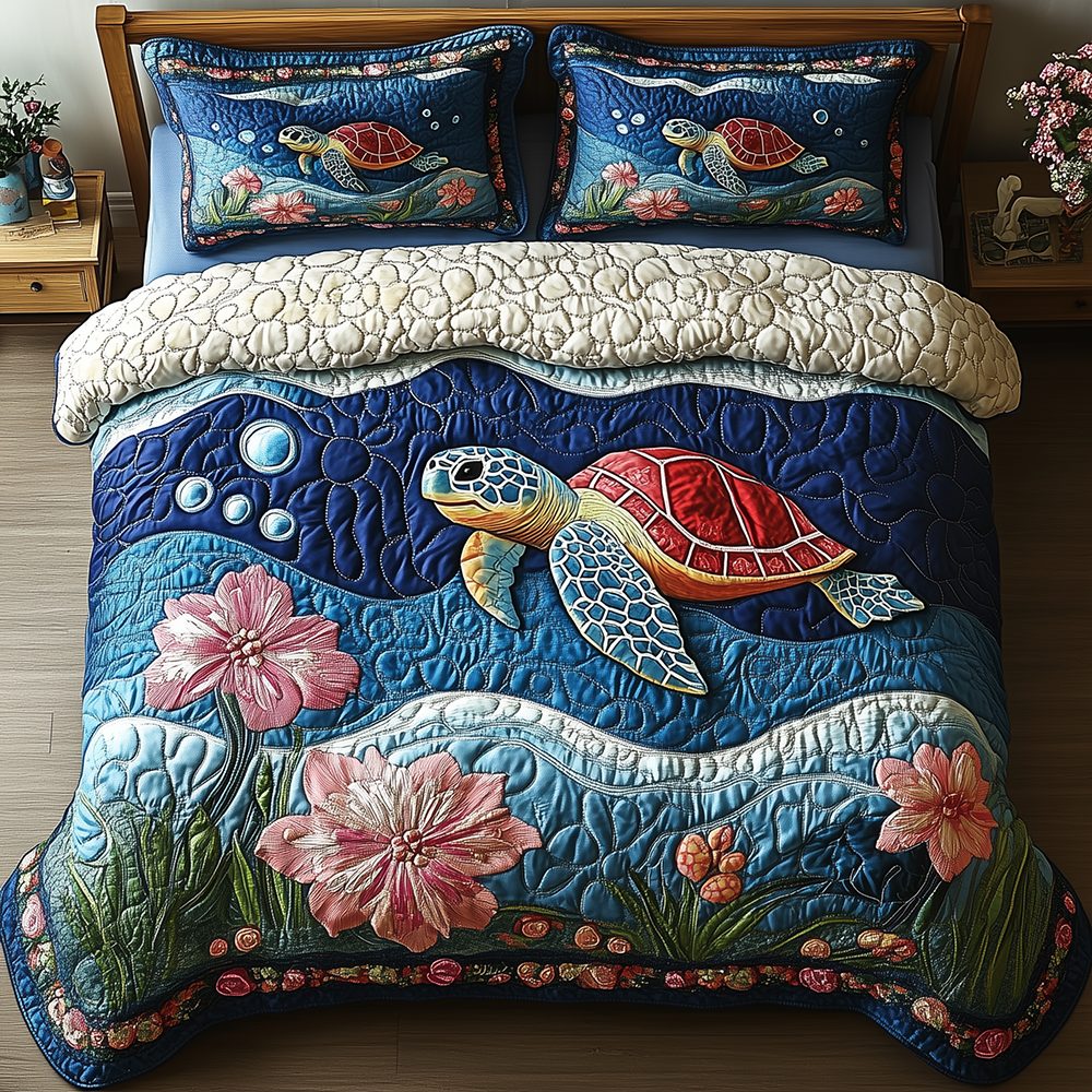 Turtle quilted 3-piece bedding set on a made bed in a light coastal bedroom