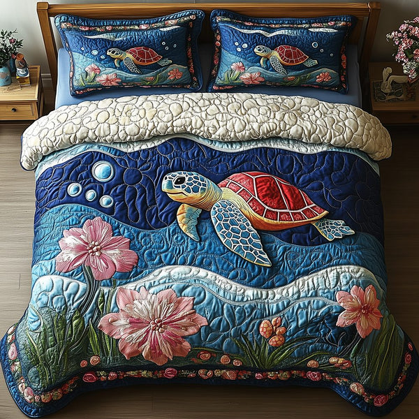Turtle quilted 3-piece bedding set on a made bed in a light coastal bedroom