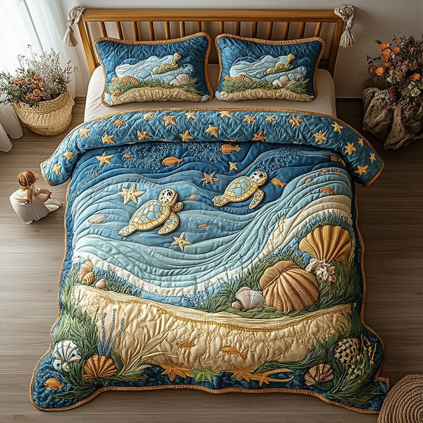 Turtle quilted 3-piece bedding set on a made bed in a light coastal bedroom