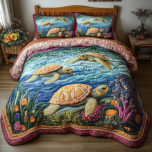 Turtle quilted 3-piece bedding set on a made bed in a light coastal bedroom