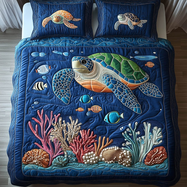 Turtle quilted 3-piece bedding set on a made bed in a light coastal bedroom