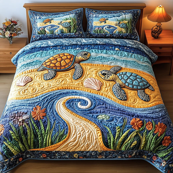Turtle quilted 3-piece bedding set on a made bed in a light coastal bedroom