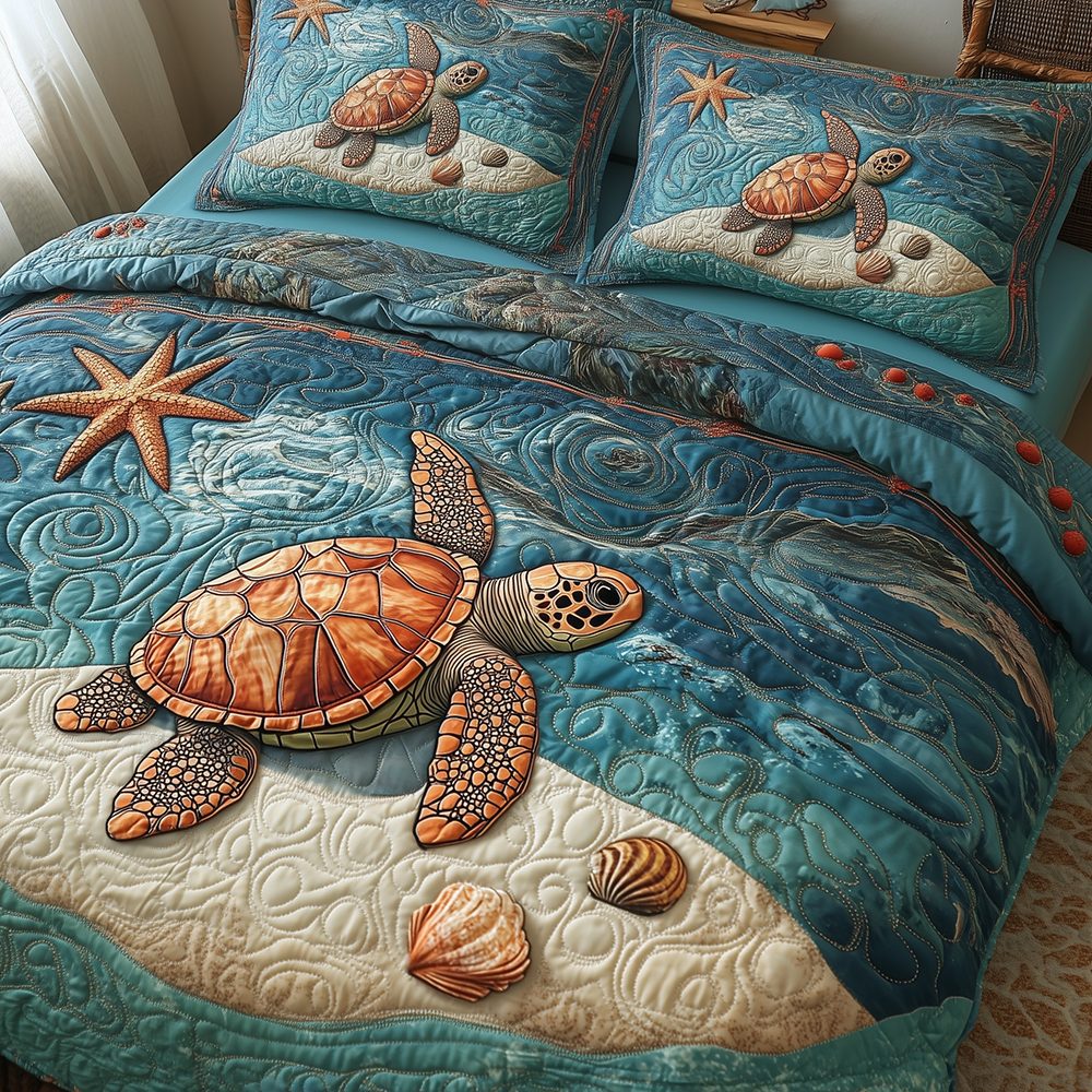 Turtle quilted 3-piece bedding set on a made bed in a light coastal bedroom