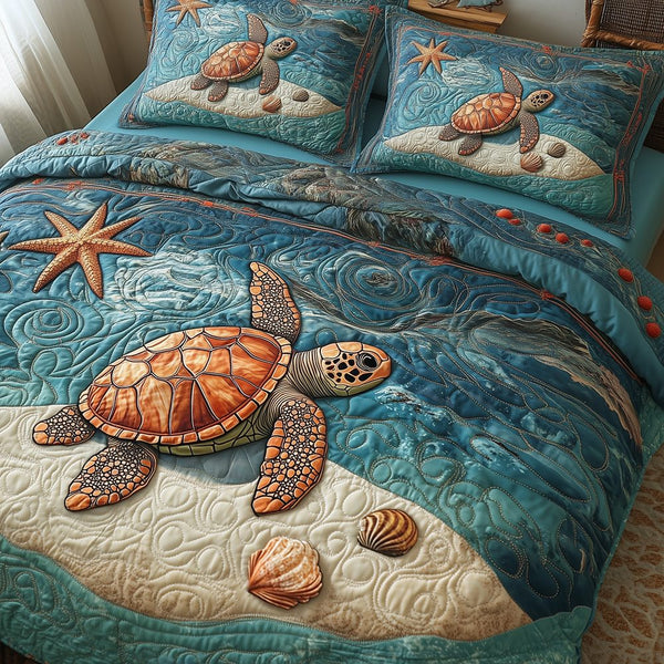 Turtle quilted 3-piece bedding set on a made bed in a light coastal bedroom