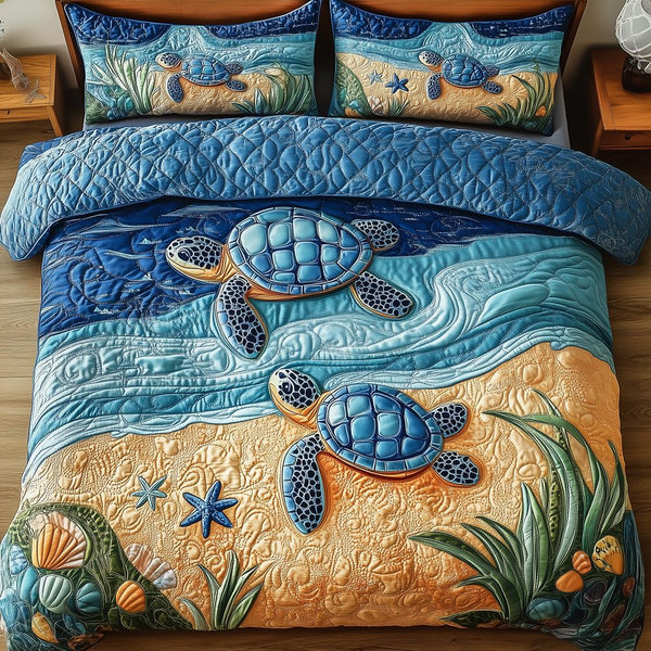 Turtle quilted 3-piece bedding set on a made bed in a light coastal bedroom