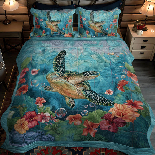 Turtle quilted 3-piece bedding set on a made bed in a light coastal bedroom