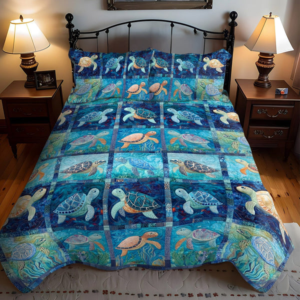 Turtle Reef Escape quilted 3-piece bedding set on a made bed in a light coastal bedroom
