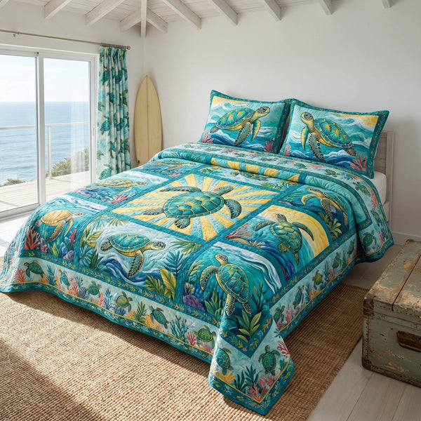 Turtle Reef quilted 3-piece bedding set on a made bed in a light coastal bedroom