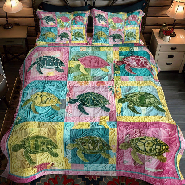 Turtle Reef quilted 3-piece bedding set on a made bed in a light coastal bedroom