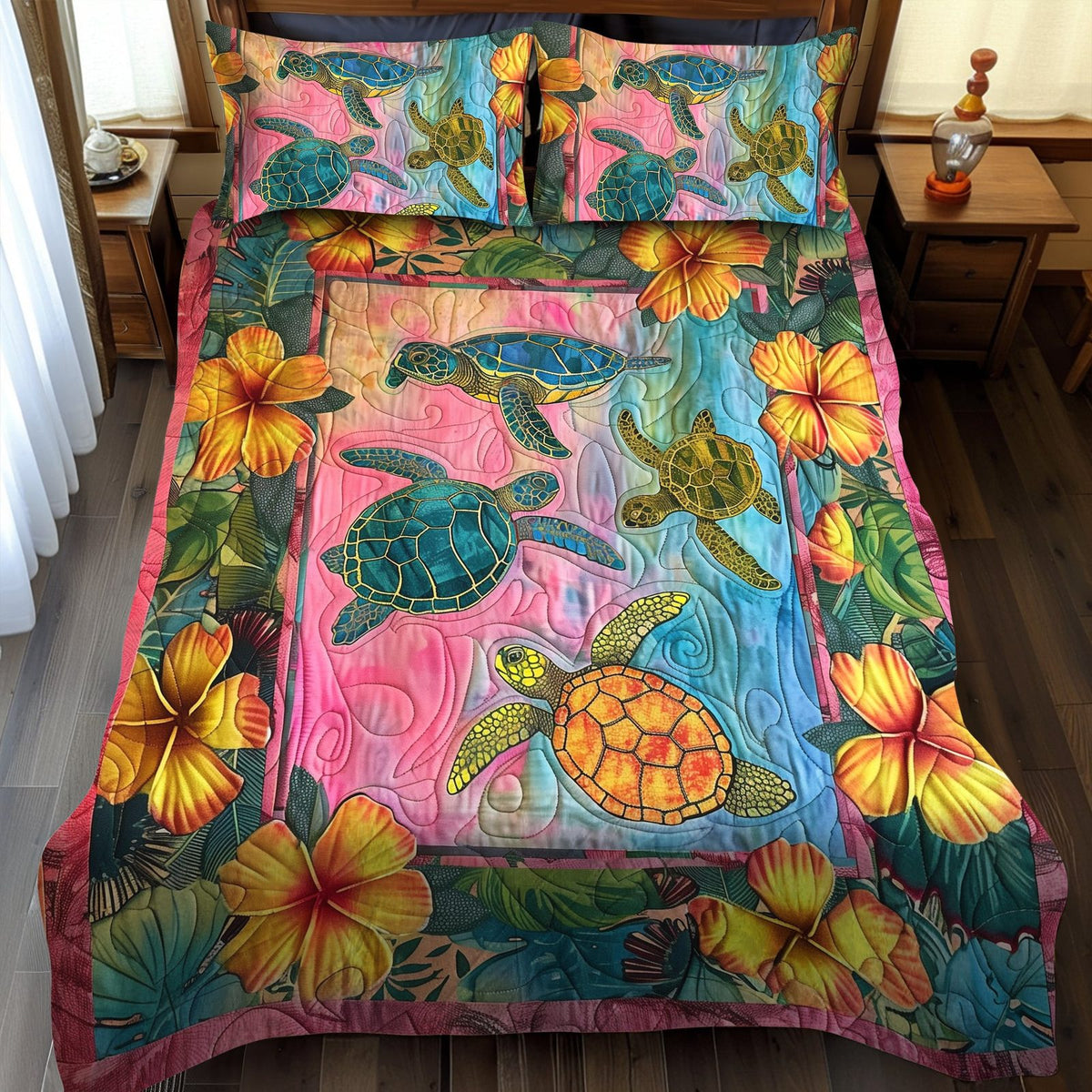 Turtle Reef Relaxation quilted 3-piece bedding set on a made bed in a light coastal bedroom
