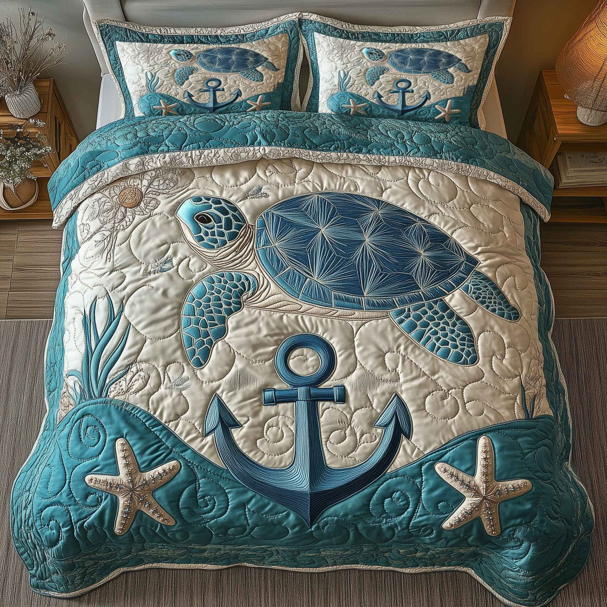 Turtle’s Haven quilted 3-piece bedding set on a made bed in a light coastal bedroom