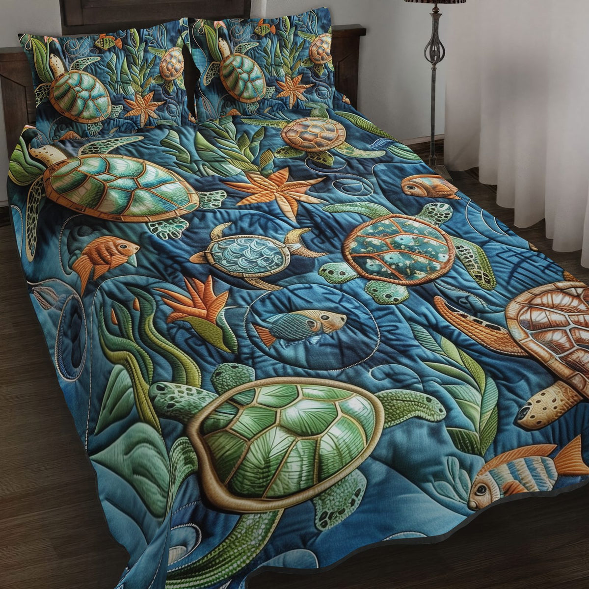 Turtle Sanctuary quilted 3-piece bedding set on a made bed in a light coastal bedroom