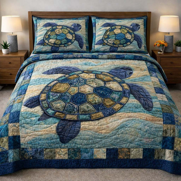 Turtle Serenity quilted 3-piece bedding set on a made bed in a light coastal bedroom