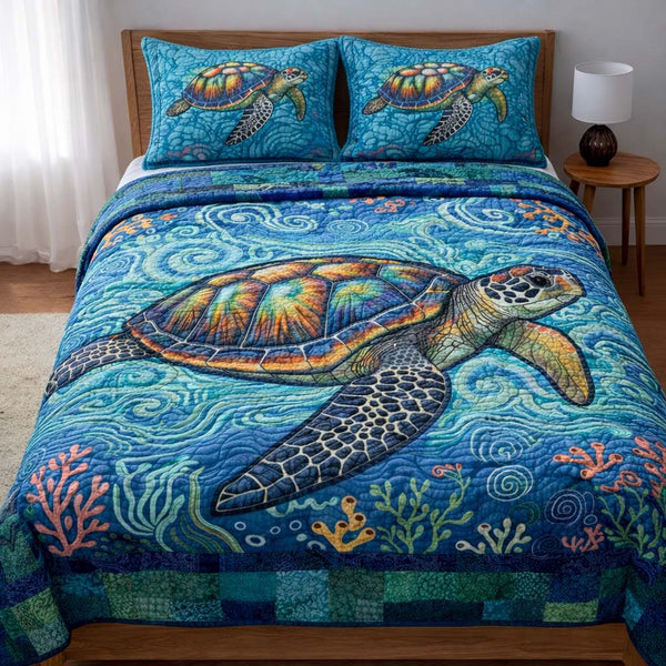 Turtle Serenity quilted 3-piece bedding set on a made bed in a light coastal bedroom