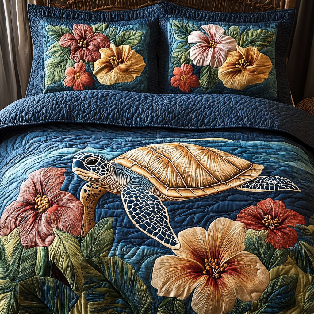 Turtle Serenity quilted 3-piece bedding set on a made bed in a light coastal bedroom