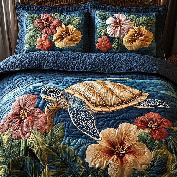 Turtle Serenity quilted 3-piece bedding set on a made bed in a light coastal bedroom