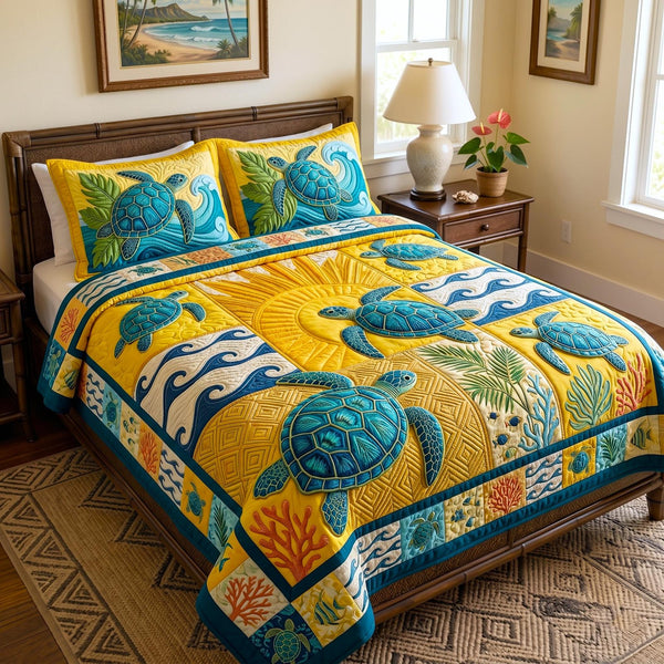 Turtle Spirit quilted 3-piece bedding set on a made bed in a light coastal bedroom