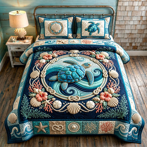 Turtle Spirit quilted 3-piece bedding set on a made bed in a light coastal bedroom