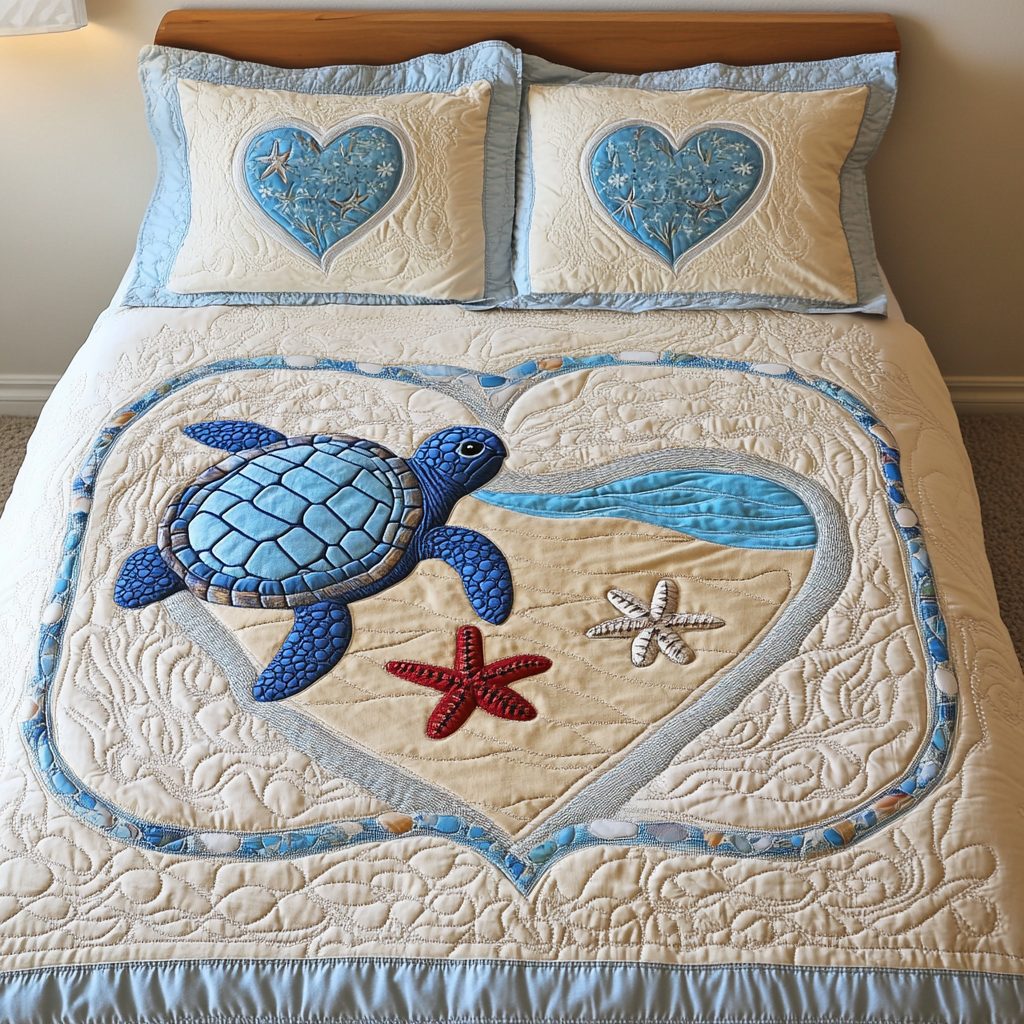 Turtle Splash quilted 3-piece bedding set on a made bed in a light coastal bedroom