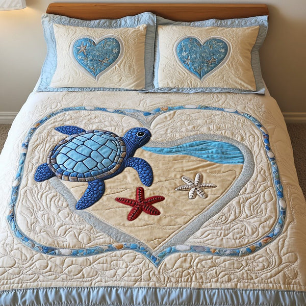 Turtle Splash quilted 3-piece bedding set on a made bed in a light coastal bedroom