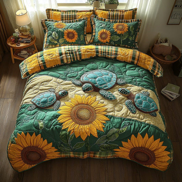 Turtle Symphony quilted 3-piece bedding set on a made bed in a light coastal bedroom