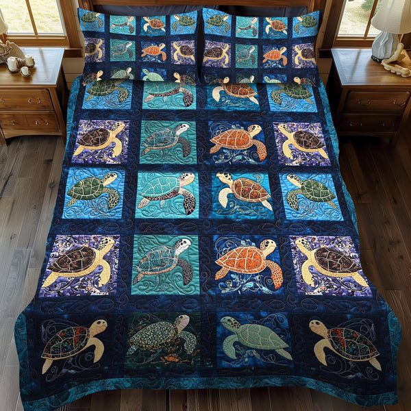 Turtle Tide Calm quilted 3-piece bedding set on a made bed in a light coastal bedroom
