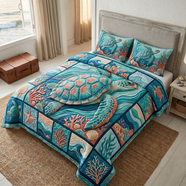 Turtle Tide quilted 3-piece bedding set on a made bed in a light coastal bedroom