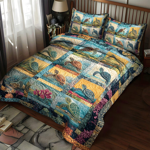 Turtle Tide quilted 3-piece bedding set on a made bed in a light coastal bedroom