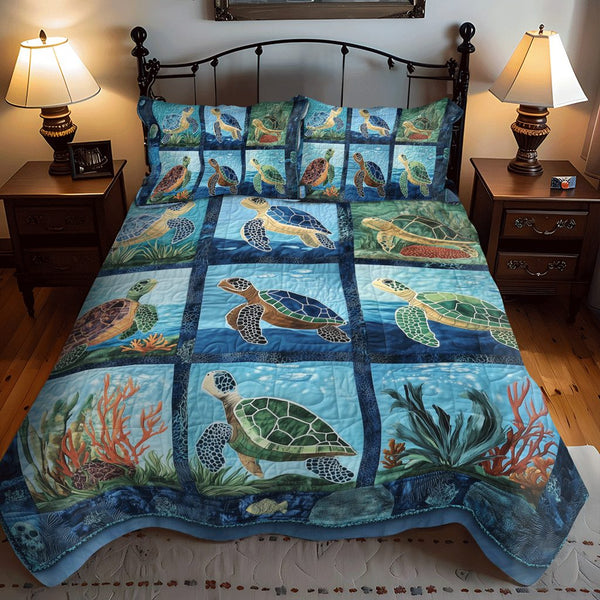 Turtle Tidepool quilted 3-piece bedding set on a made bed in a light coastal bedroom