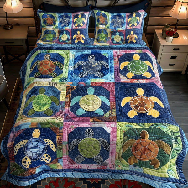 Turtle Tidepool quilted 3-piece bedding set on a made bed in a light coastal bedroom