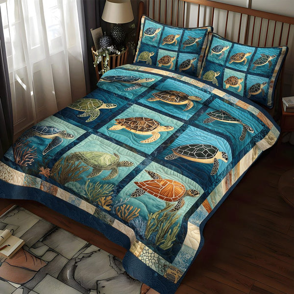 Turtle Tides quilted 3-piece bedding set on a made bed in a light coastal bedroom