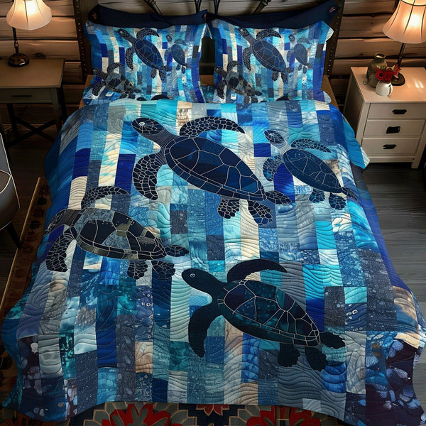 Turtle Tides quilted 3-piece bedding set on a made bed in a light coastal bedroom