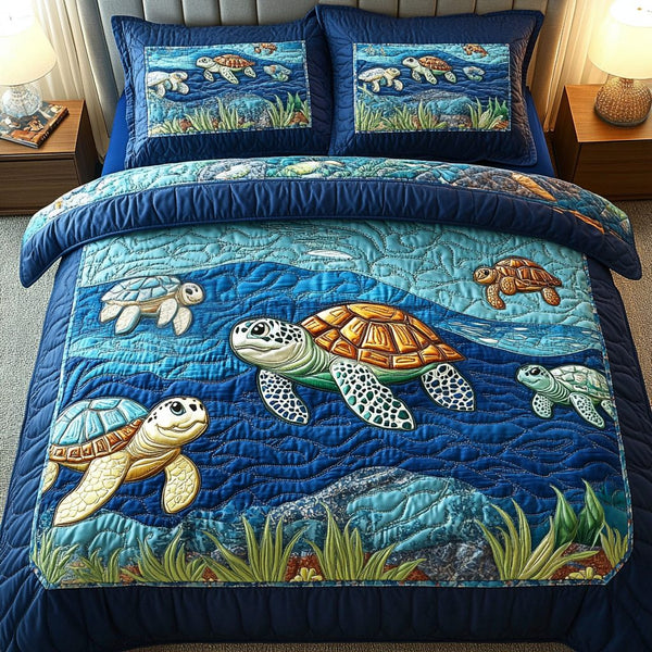 Turtle Tides quilted 3-piece bedding set on a made bed in a light coastal bedroom