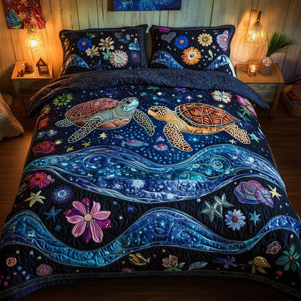 Turtle Trail of Love quilted 3-piece bedding set on a made bed in a light coastal bedroom
