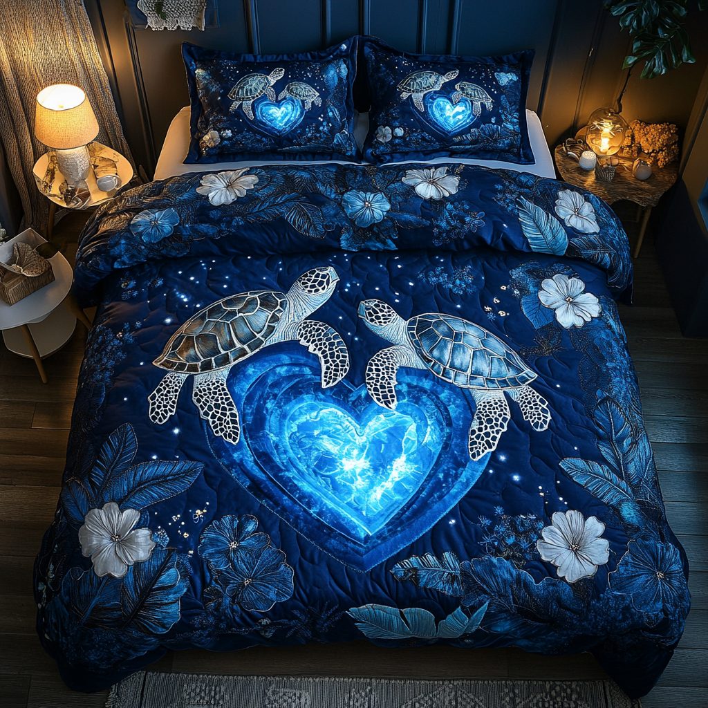 Turtle Trails quilted 3-piece bedding set on a made bed in a light coastal bedroom