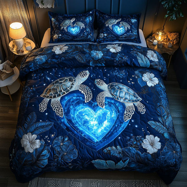 Turtle Trails quilted 3-piece bedding set on a made bed in a light coastal bedroom